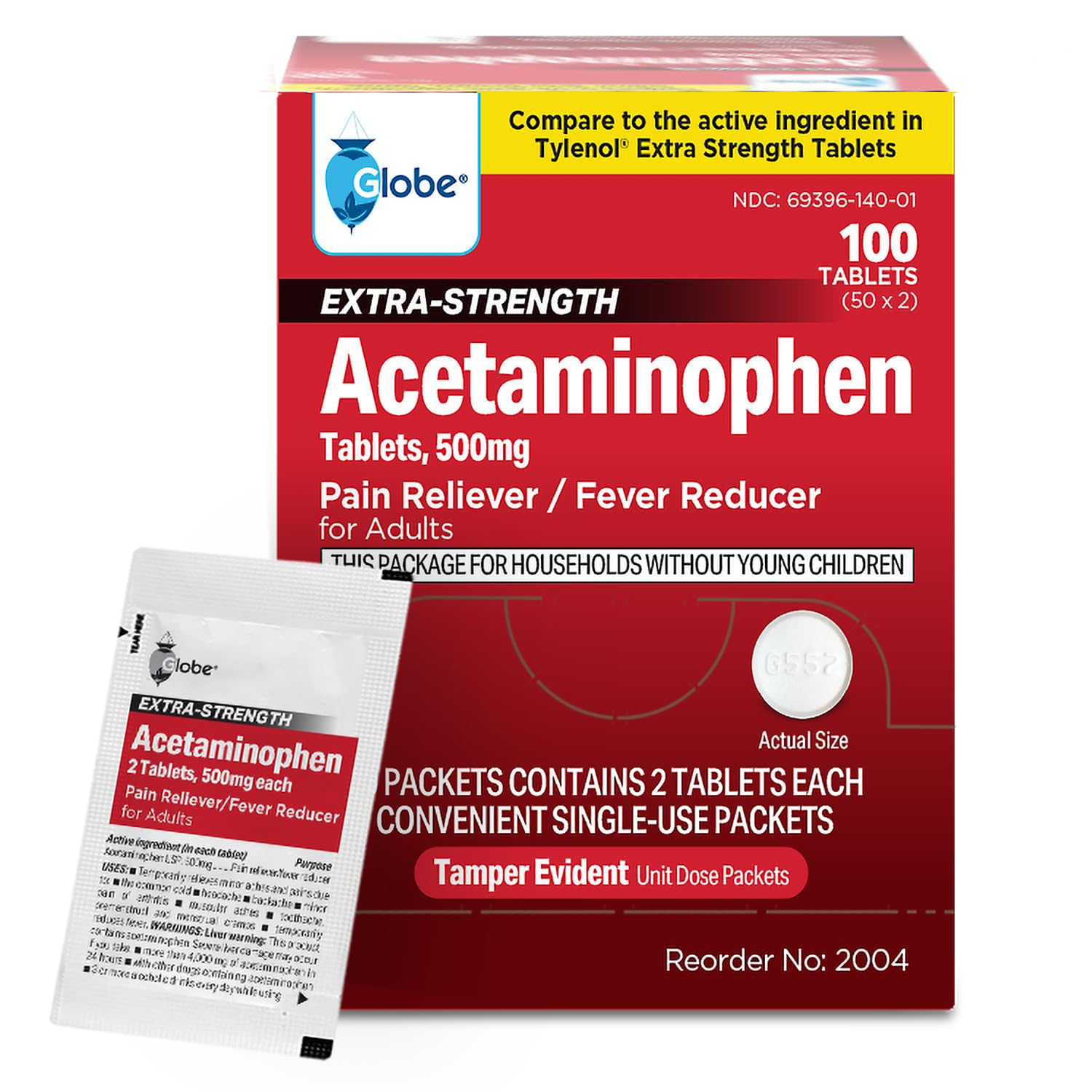 Globe acetaminofen 500 mg, botella de tabletas, alivio práctico de dolor diario.