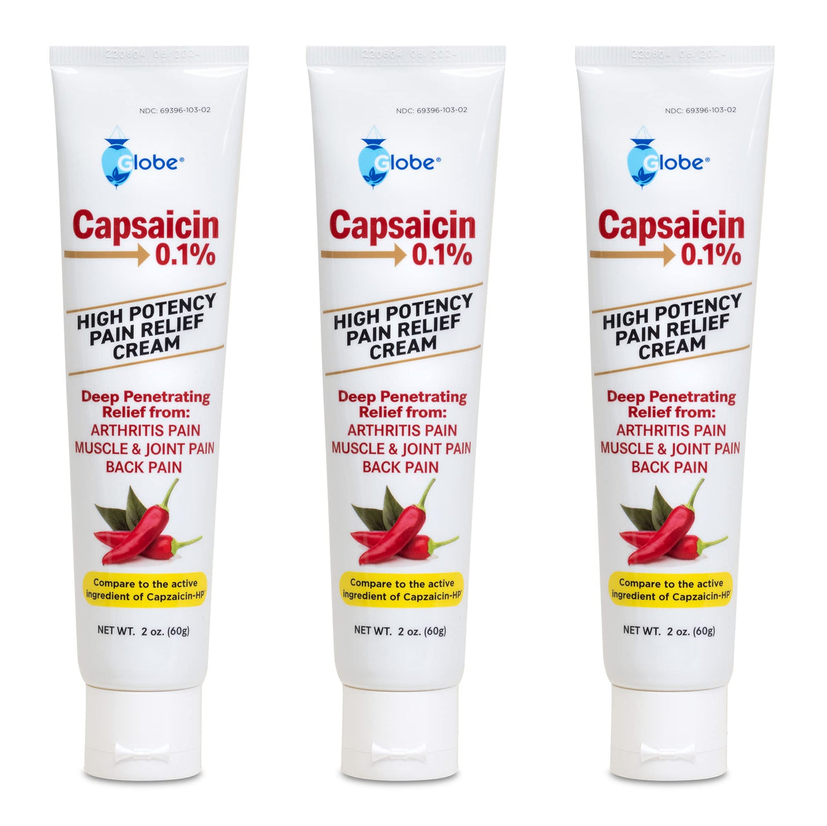 Globe Capsaicina 0.1% crema, tubo de 2 oz, alivio localizado del dolor.