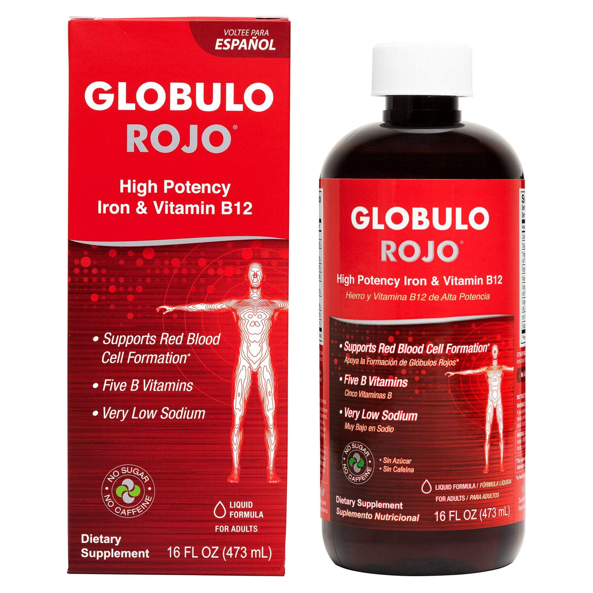 Globulo Rojo, botella de jarabe de hierro, apoyo diario de energía