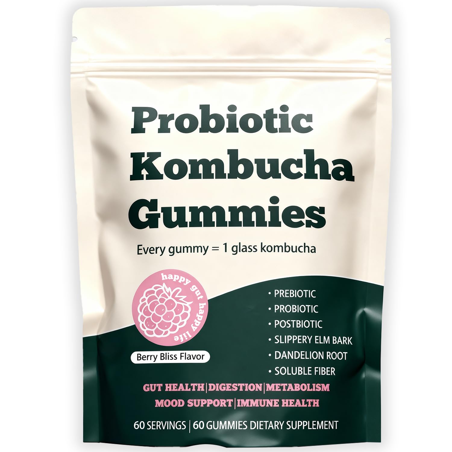 Glo Vous Probiotic Kombucha Gummies en botella, apoyo digestivo práctico y sabroso.
