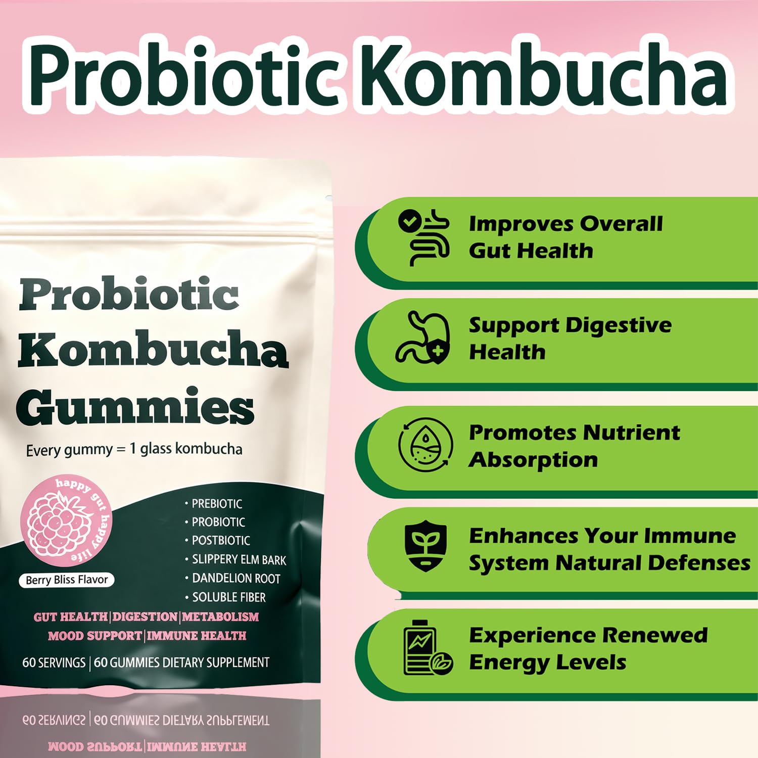 Glo Vous Probiotic Kombucha Gummies digestivas, alivio suave de la hinchazón diaria.