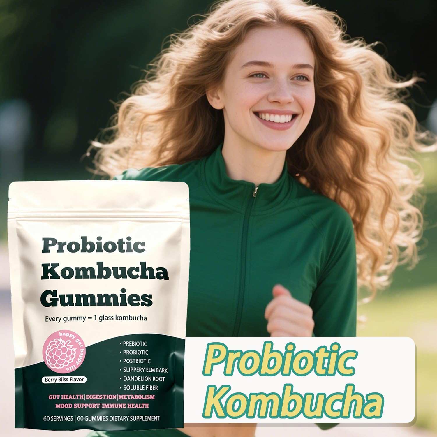 Glo Vous Probiotic Kombucha Gummies de fruta, snack cómodo para el día.