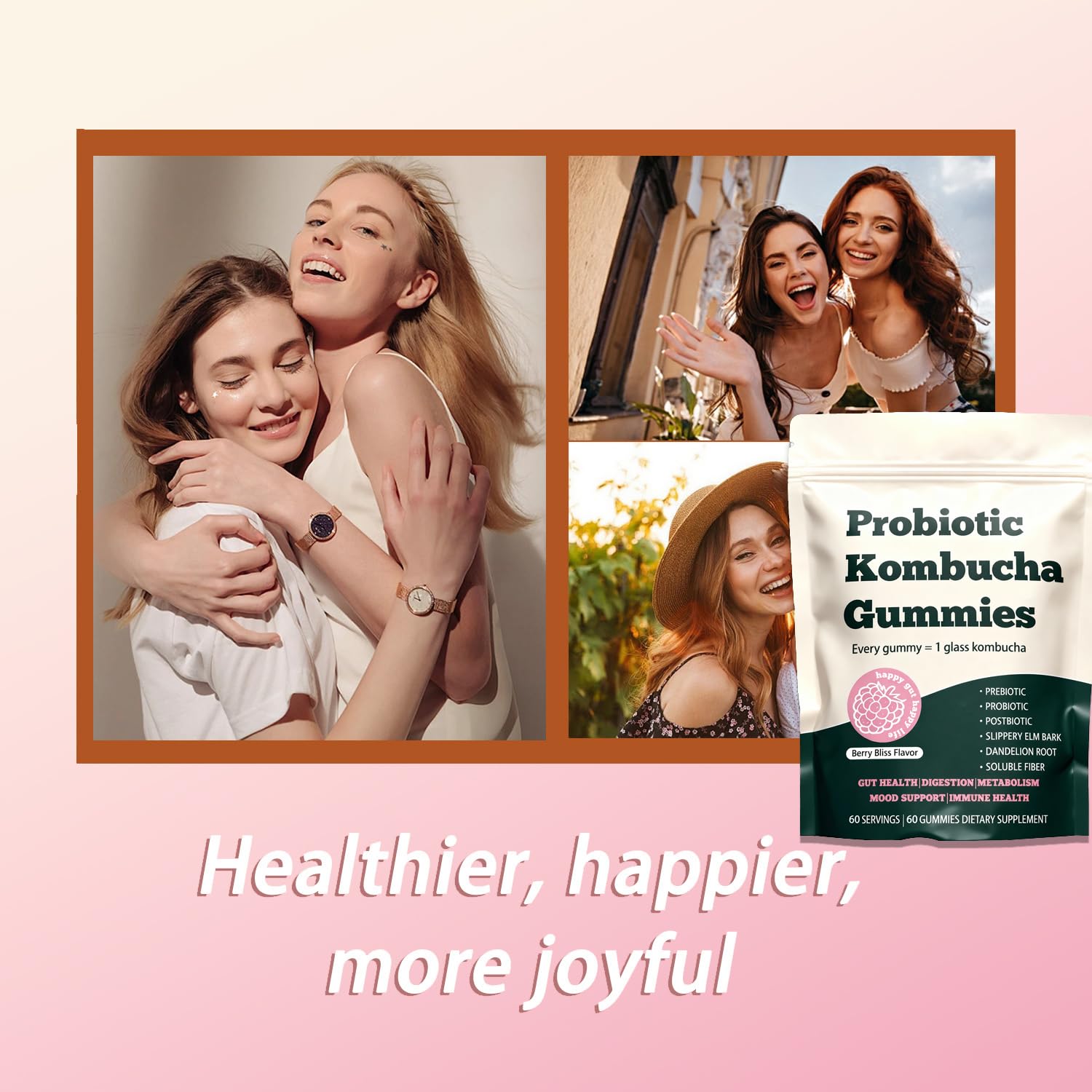 Glo Vous Probiotic Kombucha Gummies con aceite MCT, energía estable durante el día.