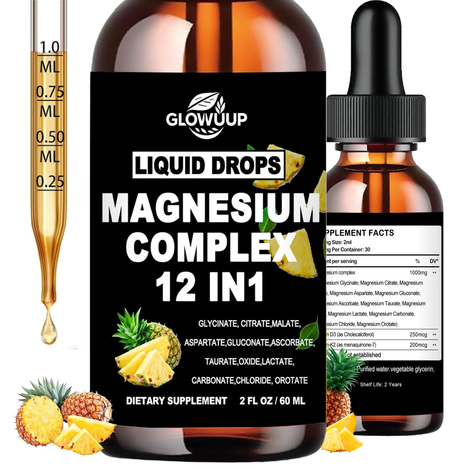 GLOVVUUP Magnesio 12 en 1, frasco gota piña para absorción rápida
