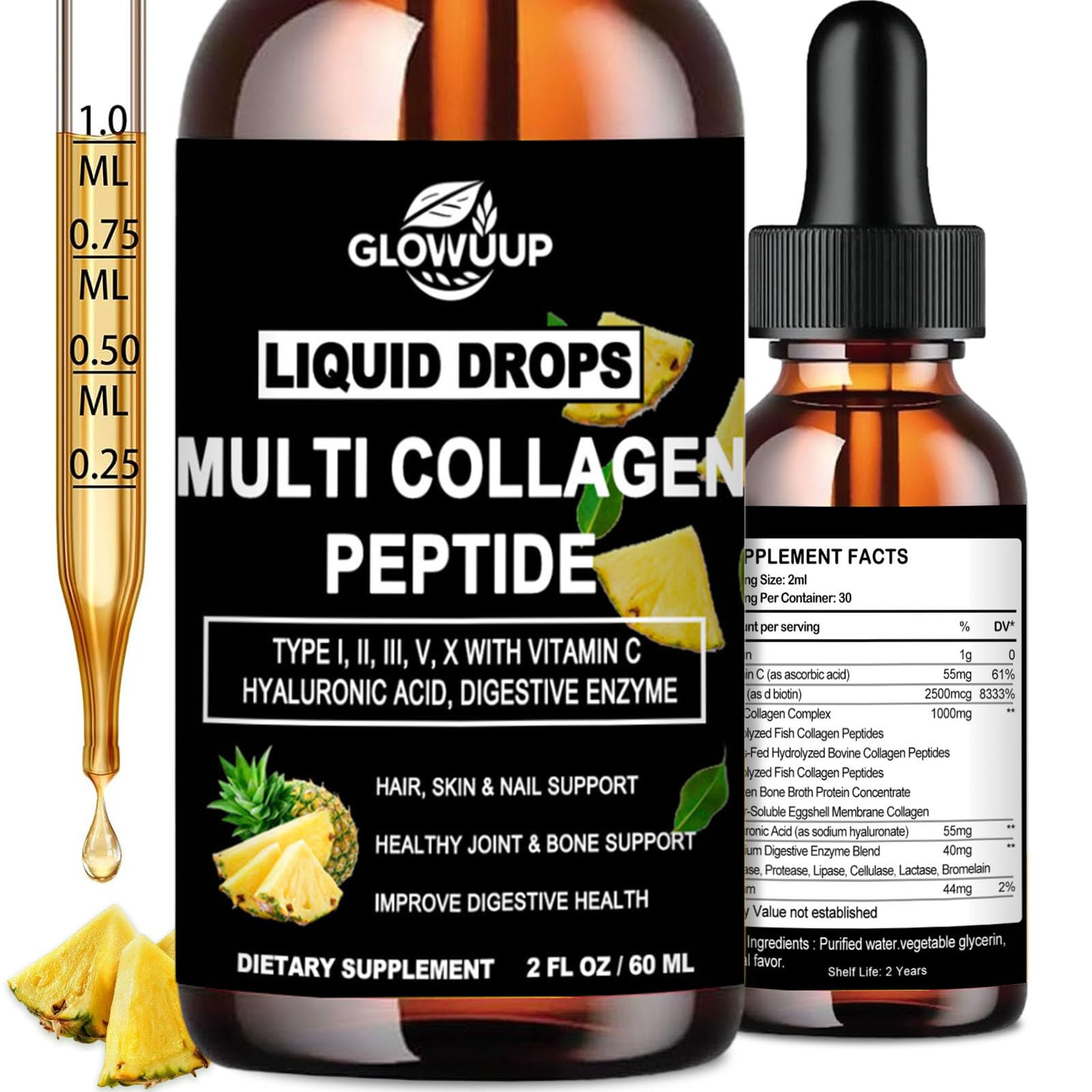 glovvuup colageno en gotitas, botella destacada para apoyo a piel y articulaciones.