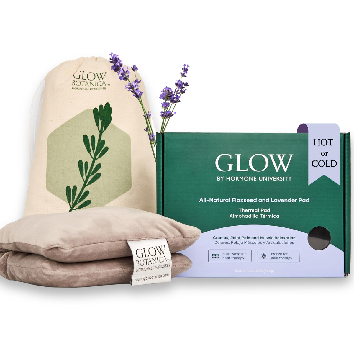 Almohadilla Glow Botanica con linaza y lavanda para calor suave.