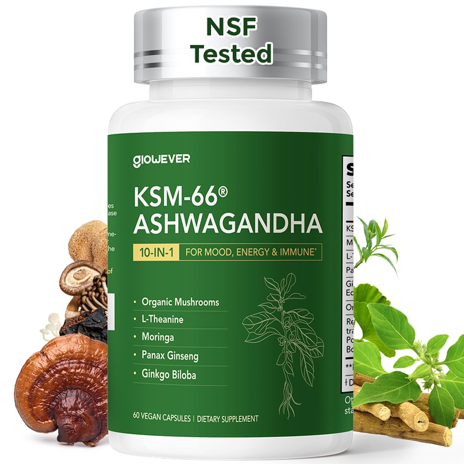 GlowEver KSM-66 Ashwagandha con L-teanina: botella visible para apoyo de ánimo y energía