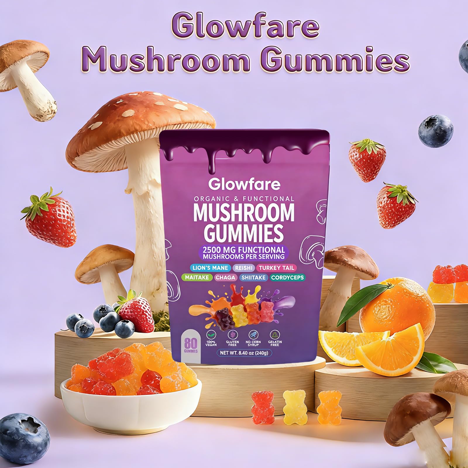 Glowfare Gomitas de Hongos, ingredientes visibles para calidad natural.