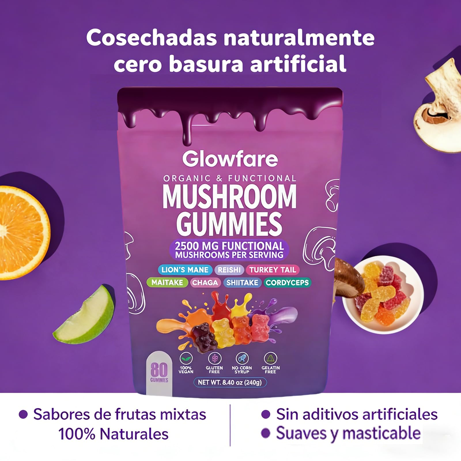 Glowfare Gomitas de Hongos, textura suave para masticar y rutina diaria.