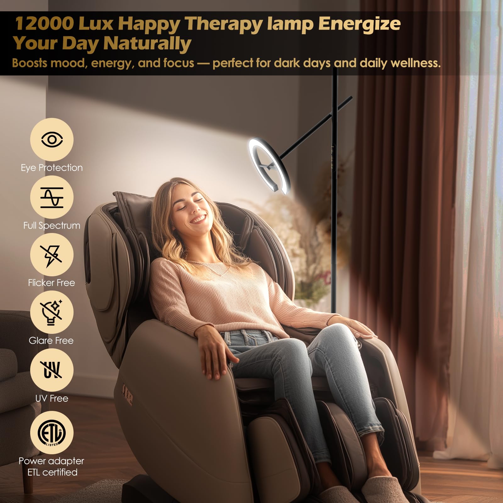 GLOWRIUM lámpara de terapia, controles remotos, ajuste cómodo desde cualquier lugar.