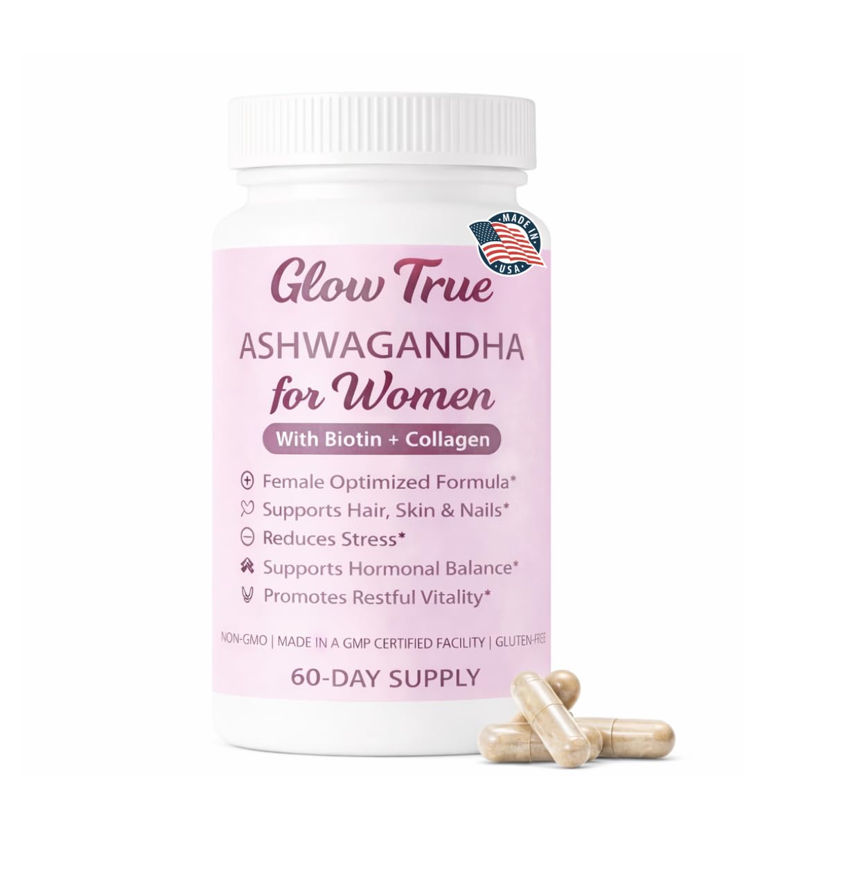 GlowTrue Ashwagandha para mujeres, frasco mostrando equilibrio diario y bienestar.