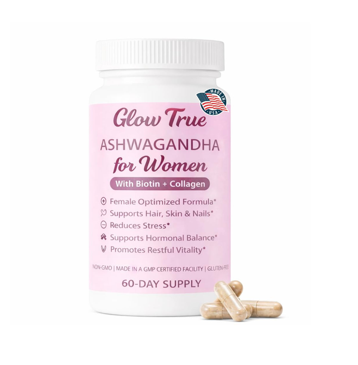 GlowTrue Ashwagandha para mujeres, frasco mostrando equilibrio diario y bienestar.
