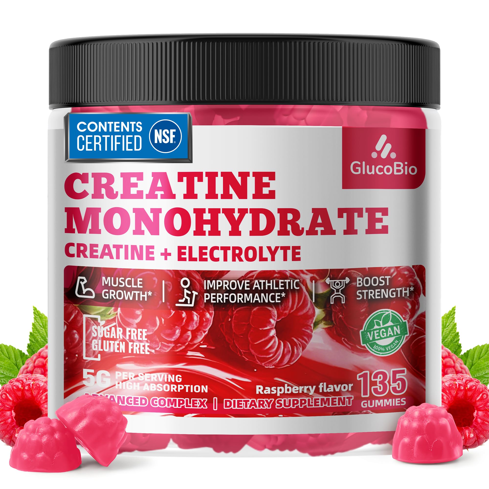 glucobio gominolas de creatina monohidrato frambuesa en botella, energía previa al entrenamiento.