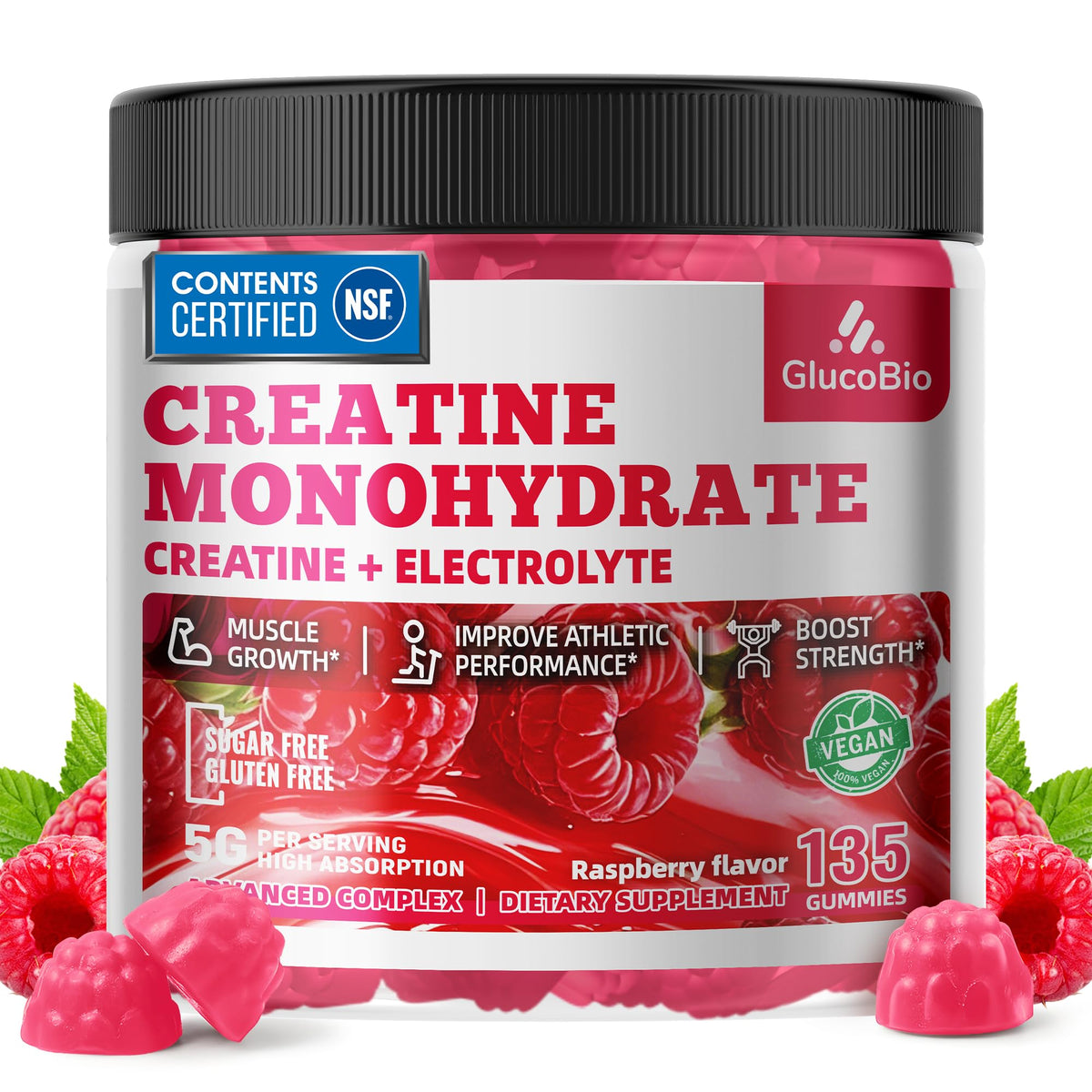 glucobio gominolas de creatina monohidrato frambuesa en botella, energía previa al entrenamiento.