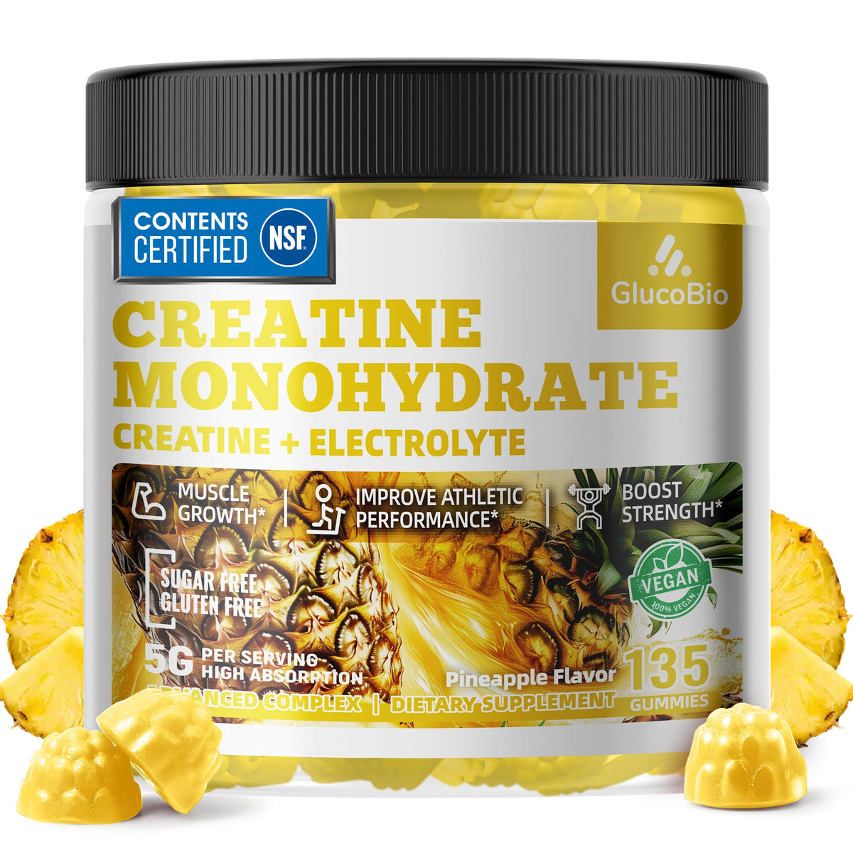 GlucoBio gomitas de creatina monohidrato frente a la botella, energía para entrenar