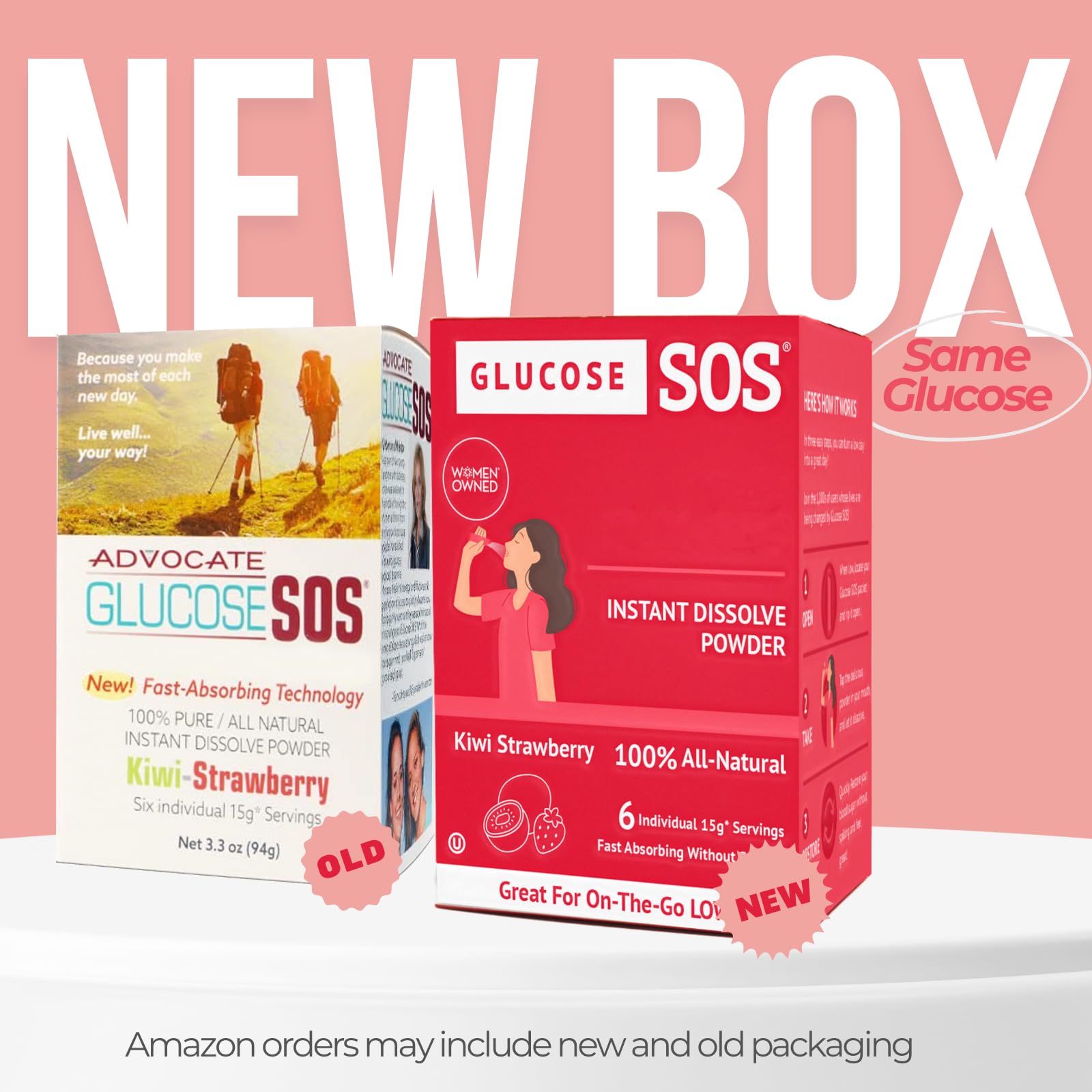 Glucose SOS, dosis de 15 g, energía rápida en cada sobre.