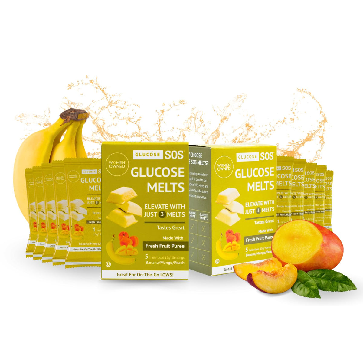 Glucose SOS Melts sabor banana: sensación suave y revitalizante sin agua.