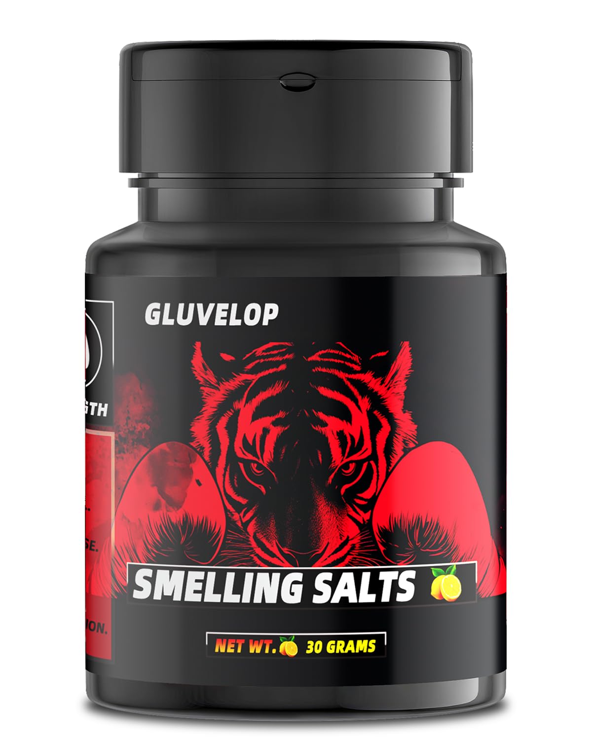 Gluvelop sales aromáticos en frasco frontal para energía rápida en entrenamientos.