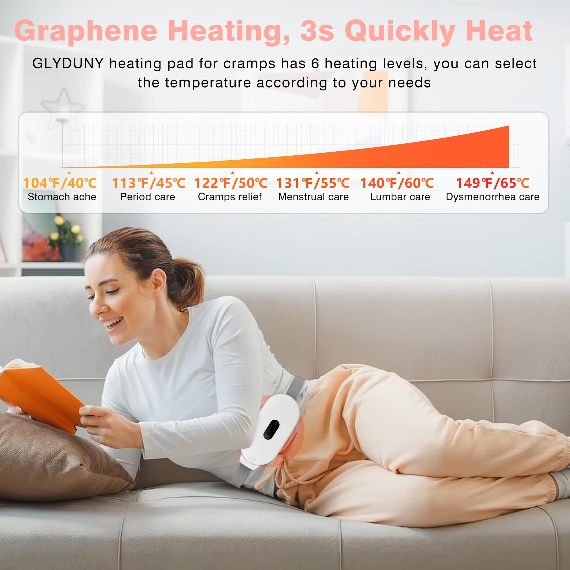 Glyduny modos de calor y masaje, seis configuraciones para confort personalizado.