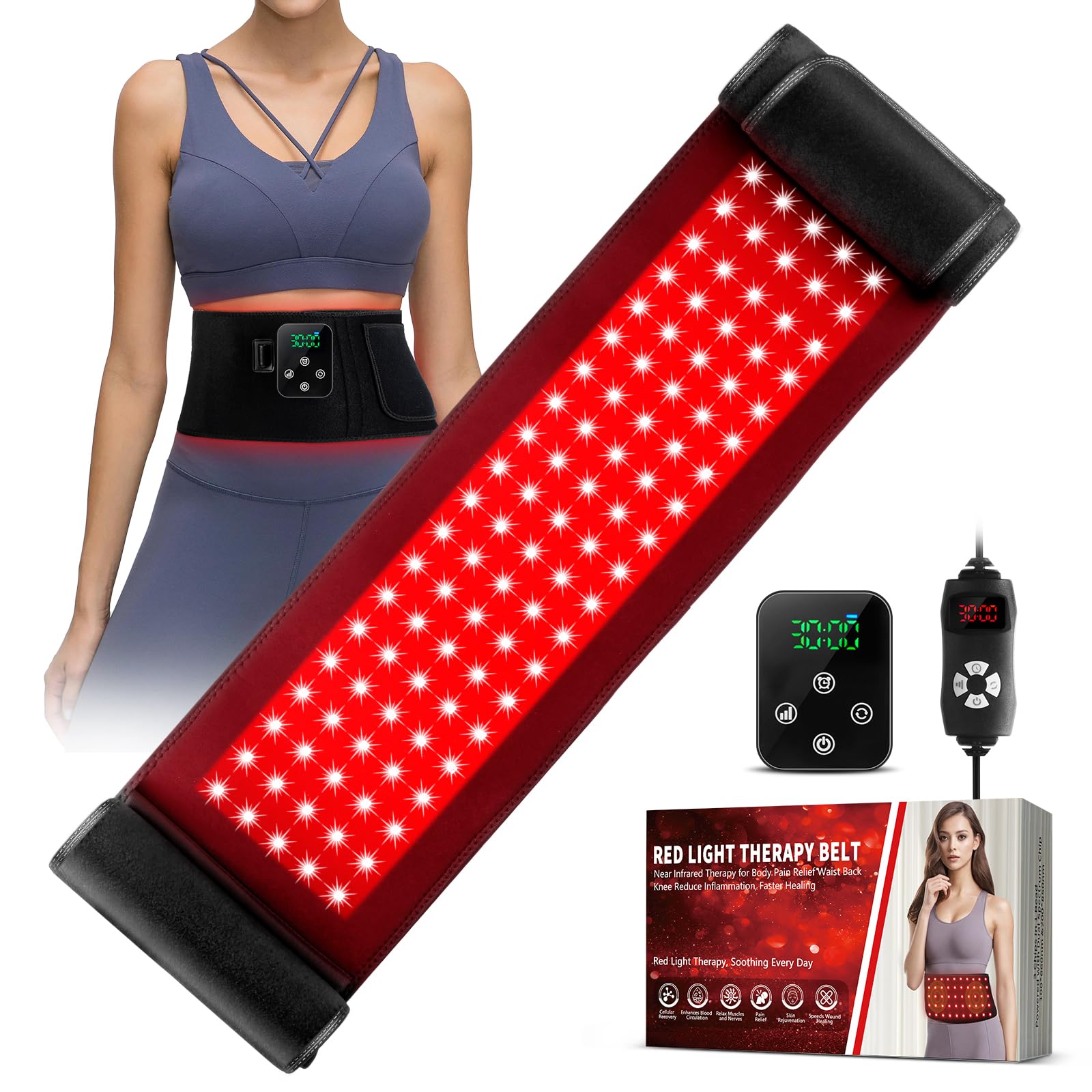 GMOWNW banda de terapia luz roja 49x7 para cintura, uso cómodo en casa.