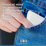 GMS pastillero-bolsillo-transportable, cabe en bolso o mochila para viaje.