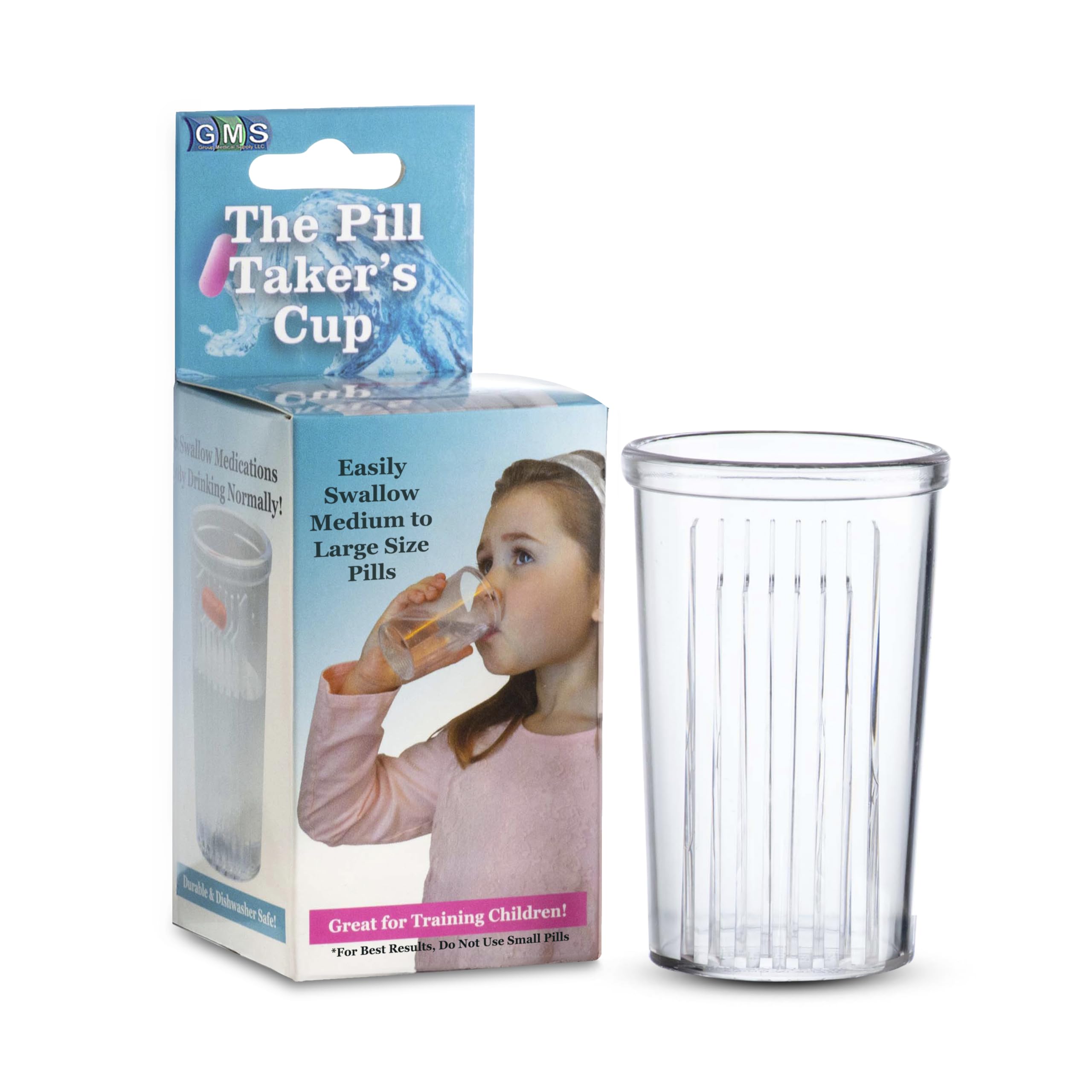 Taza GMS para pastillas medianas y grandes, facilita tomar con agua.