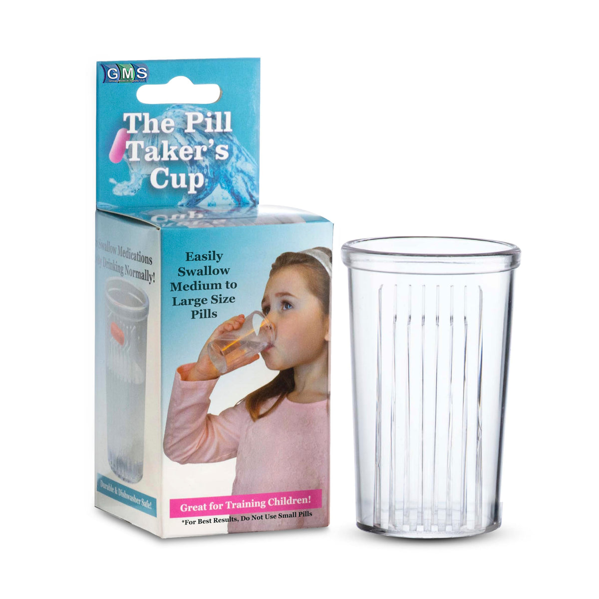 Taza GMS para pastillas medianas y grandes, facilita tomar con agua.
