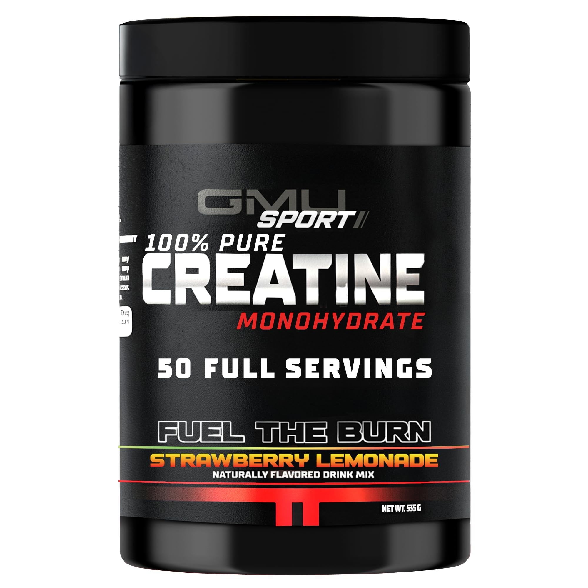 GMU SPORT Creatina monohidrato, sabor fresa limón, empaque compacto para uso diario.