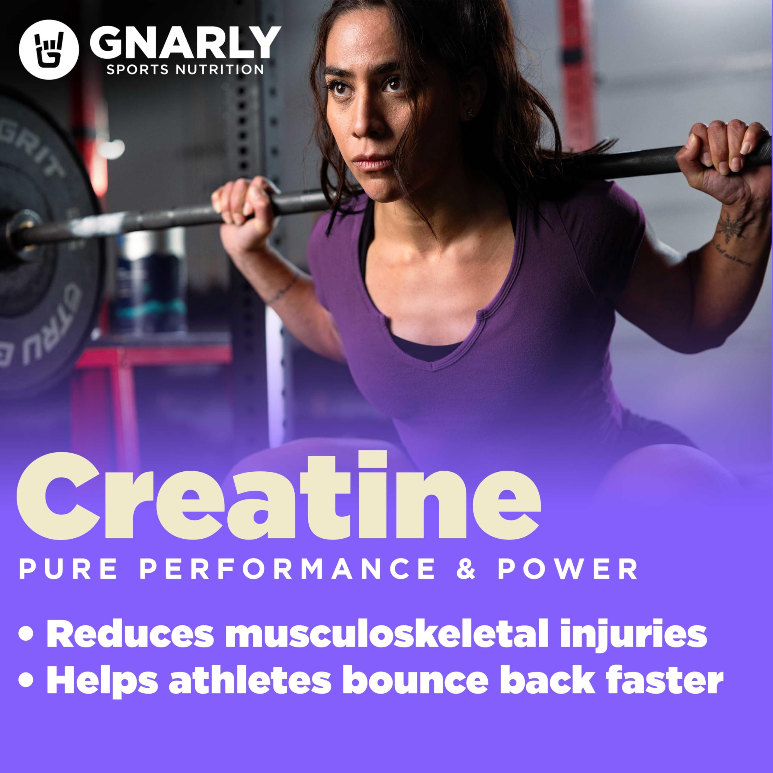 Envase de Gnarly Nutrition Creatina de 15-87 onzas con Creapure.