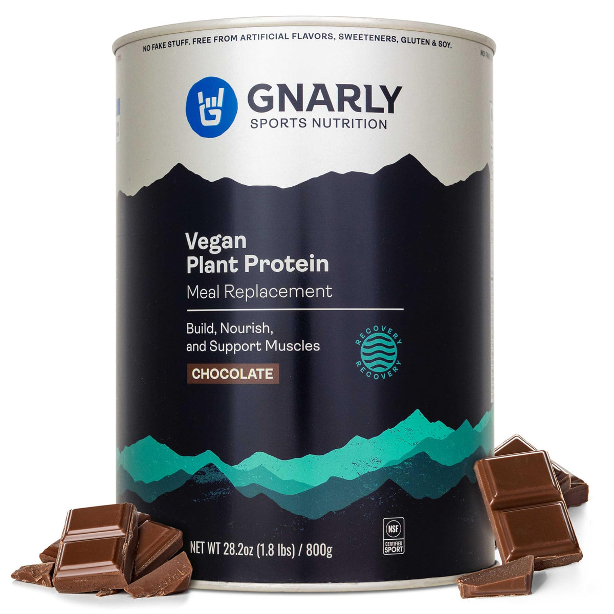 Gnarly Proteína vegetal chocolate en empaque, opción rápida de nutrición diaria.