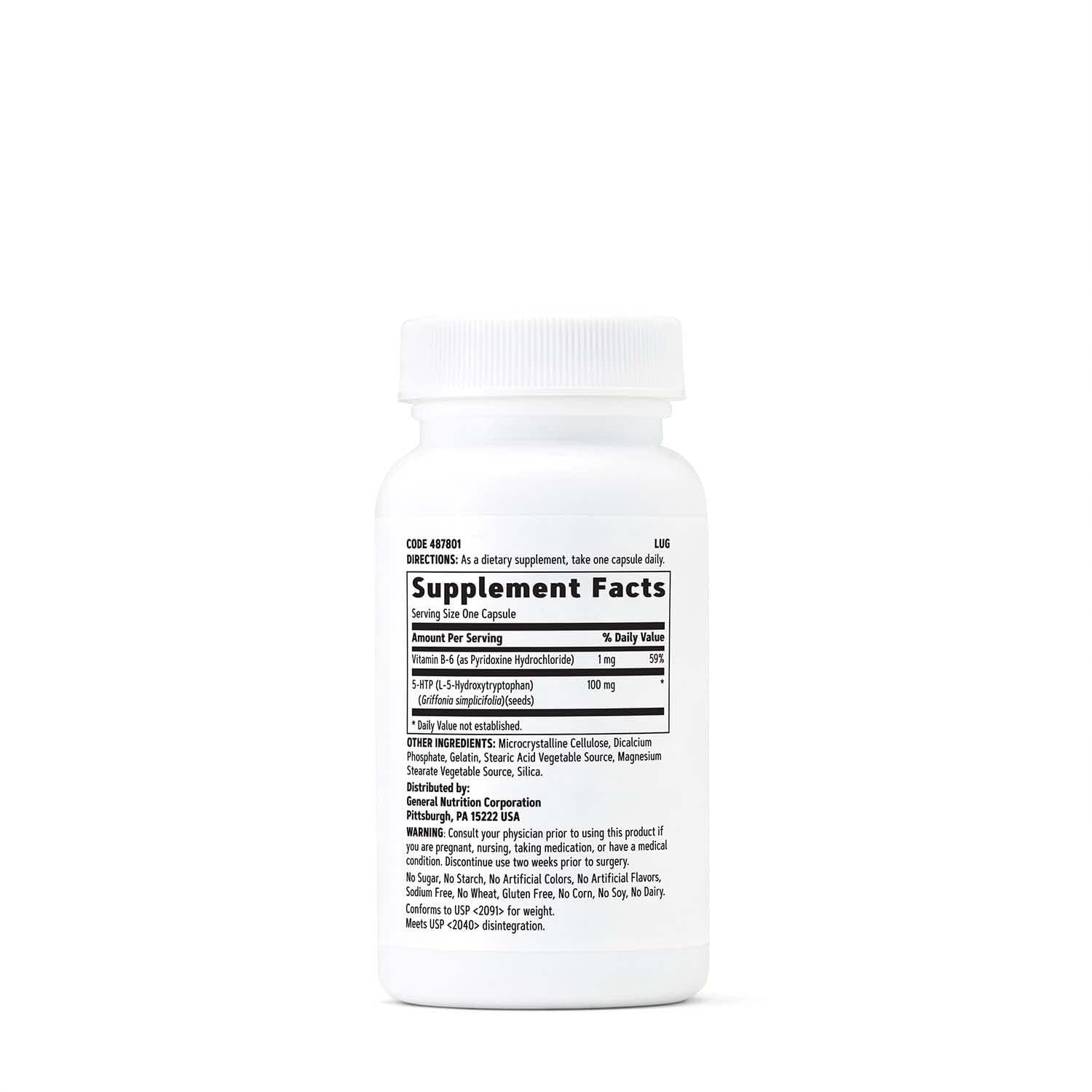 GNC 5-HTP, etiqueta sin gluten, apta para dietas libres de gluten.