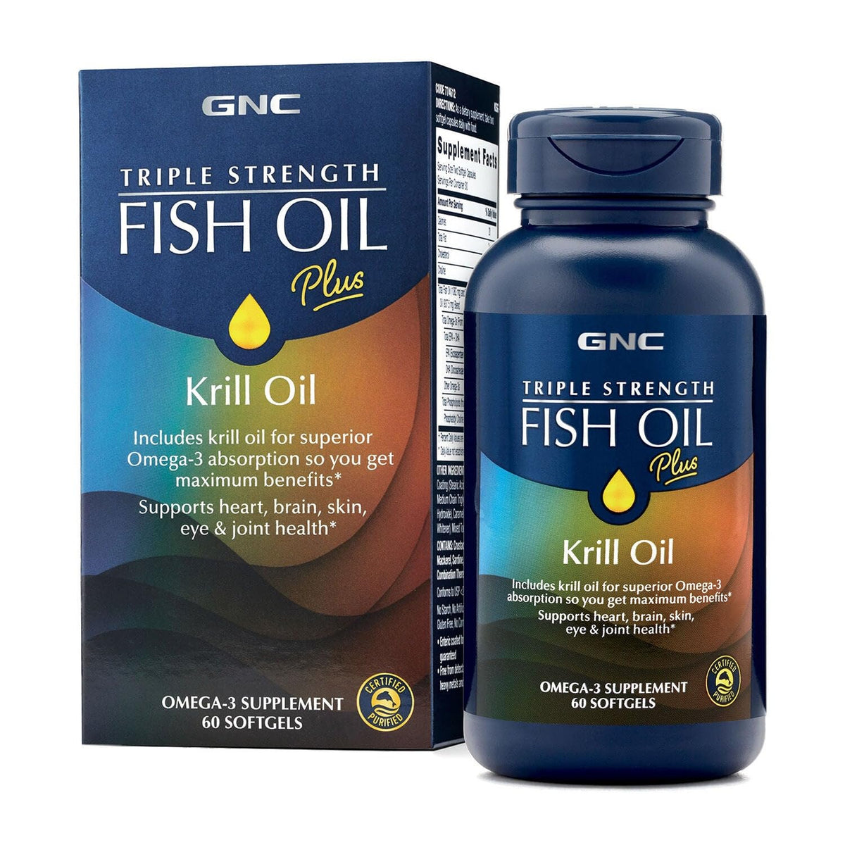 GNC aceite de pescado Omega-3 en botella para apoyo diario al bienestar.