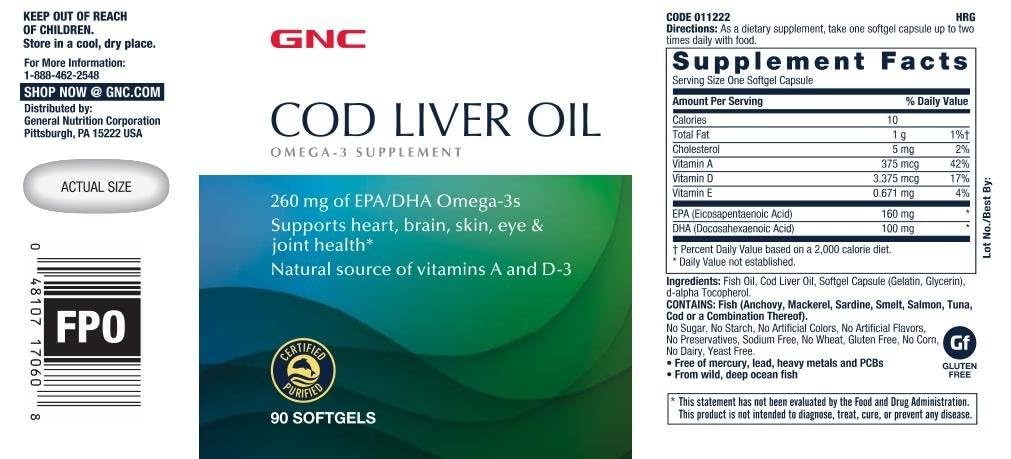GNC Aceite de hígado de bacalao, etiqueta frontal con información nutricional