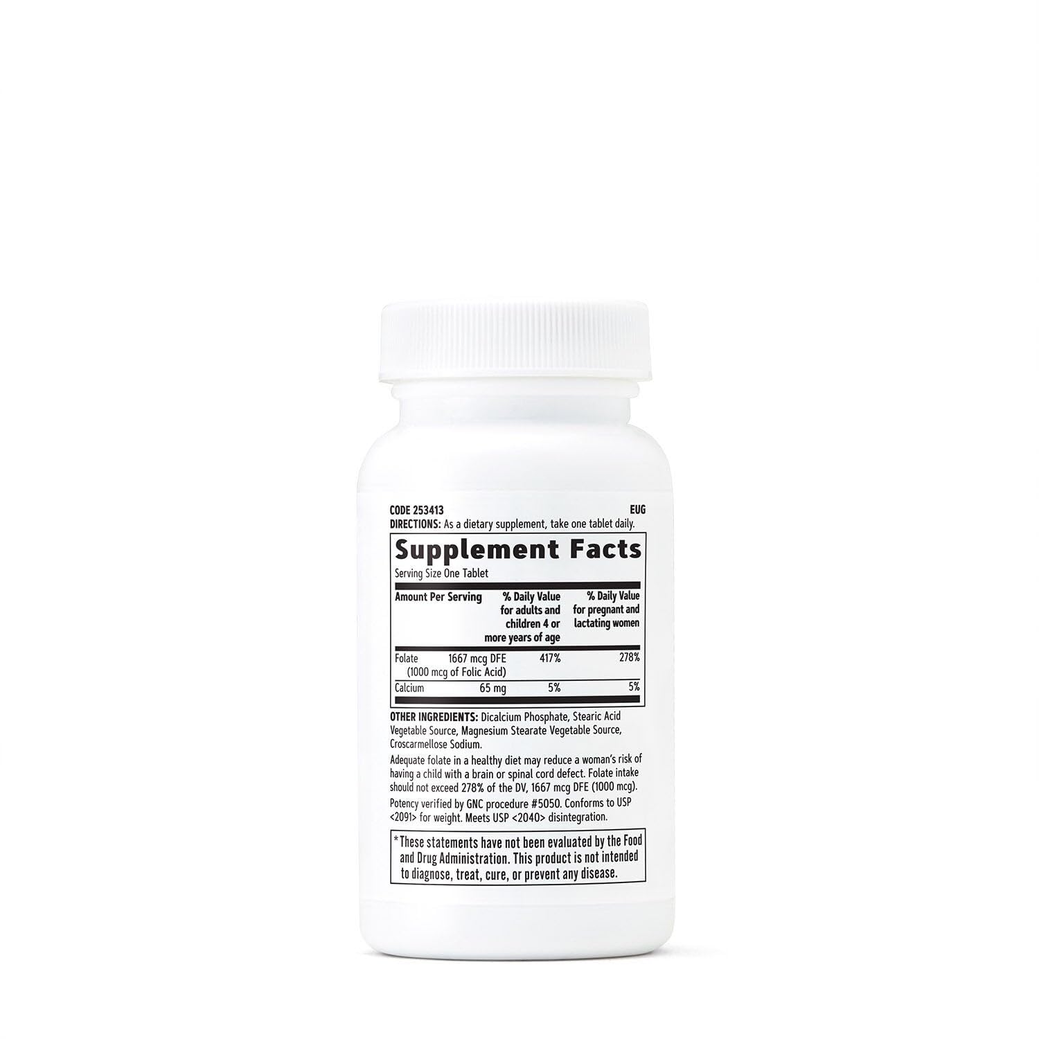GNC ácido fólico 1000 mcg, etiqueta detallada y composición vegetariana.