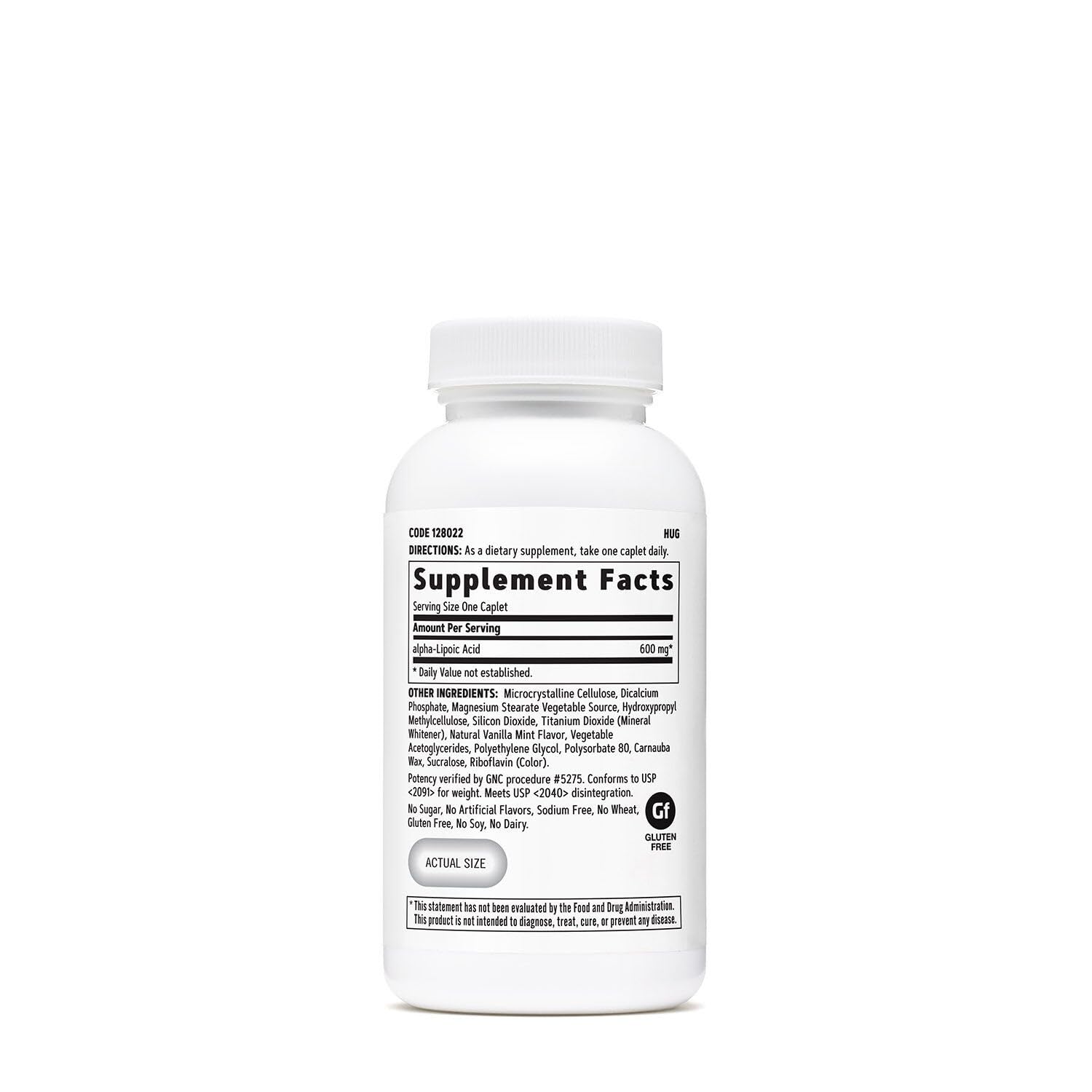 GNC Alfa-lipoico 600 mg etiqueta detallada, resalta dosis y uso