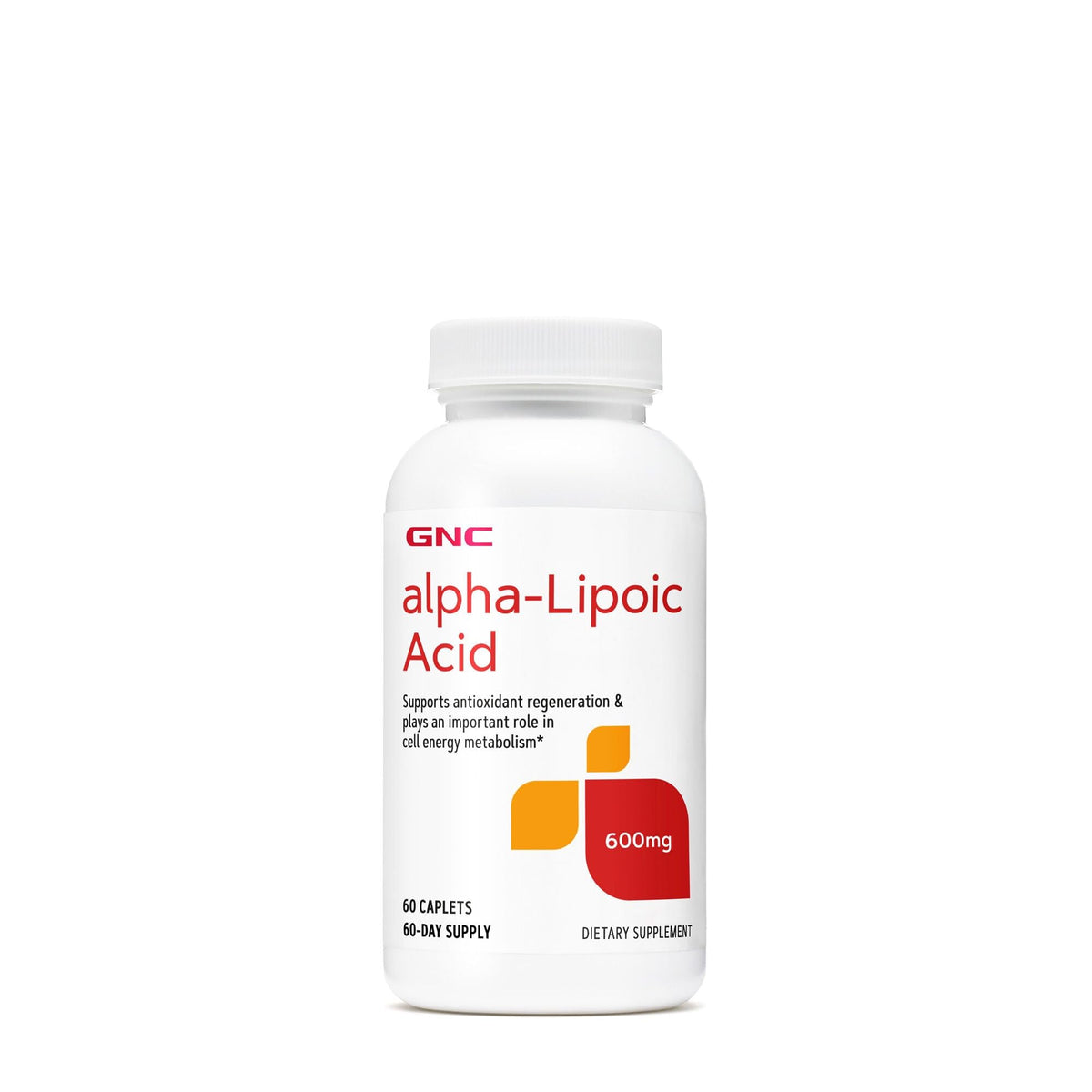 GNC Alfa-lipoico 600 mg botella frontal, apoyo diario al metabolismo celular