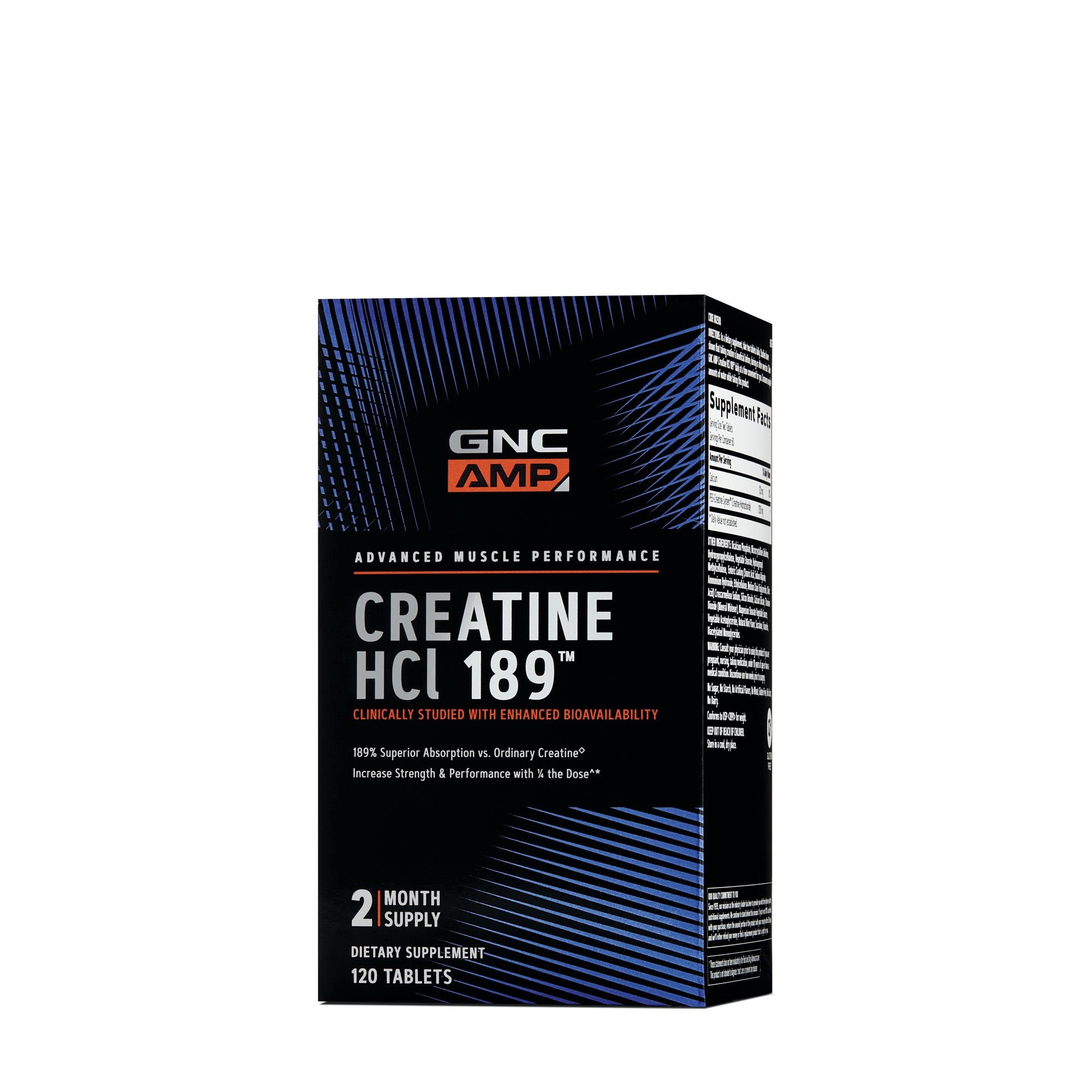 GNC AMP Creatine HCl 189, frente de la botella, preparado para sesiones intensas