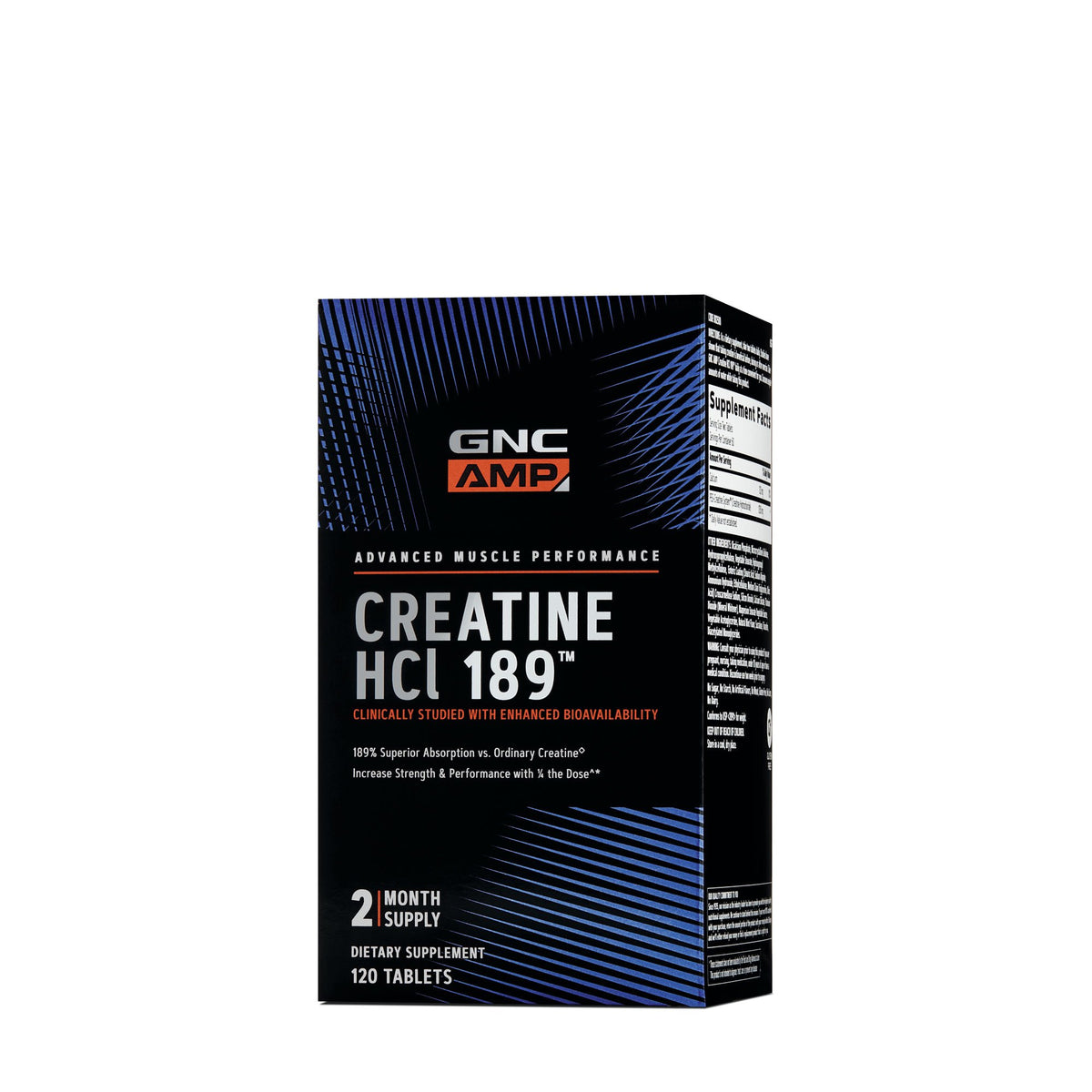 GNC AMP Creatine HCl 189, frente de la botella, preparado para sesiones intensas