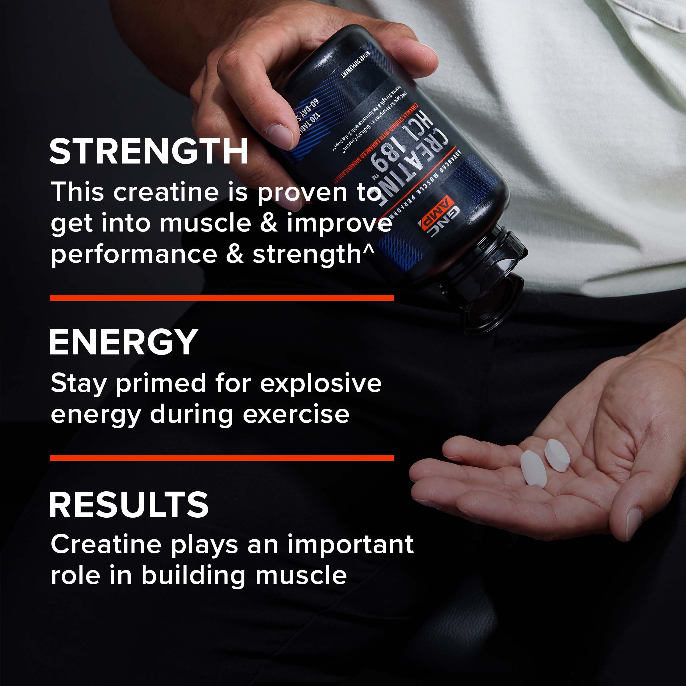 GNC AMP Creatine HCl 189, impulso de energía para ejercicios de alta intensidad.