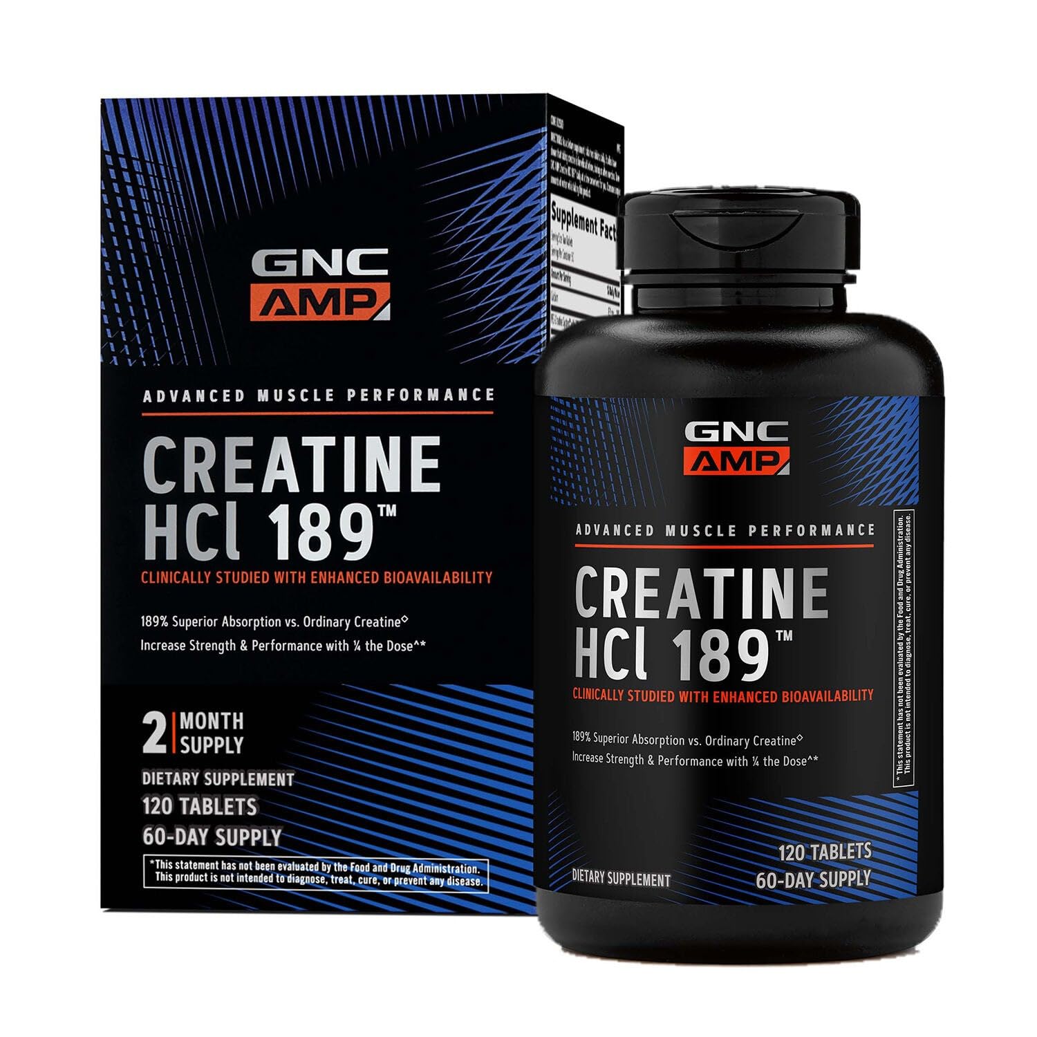 GNC AMP Creatine HCl 189 en empaque, fácil almacenamiento para entrenar.