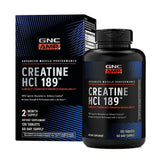 GNC AMP Creatine HCl 189 en empaque, fácil almacenamiento para entrenar.