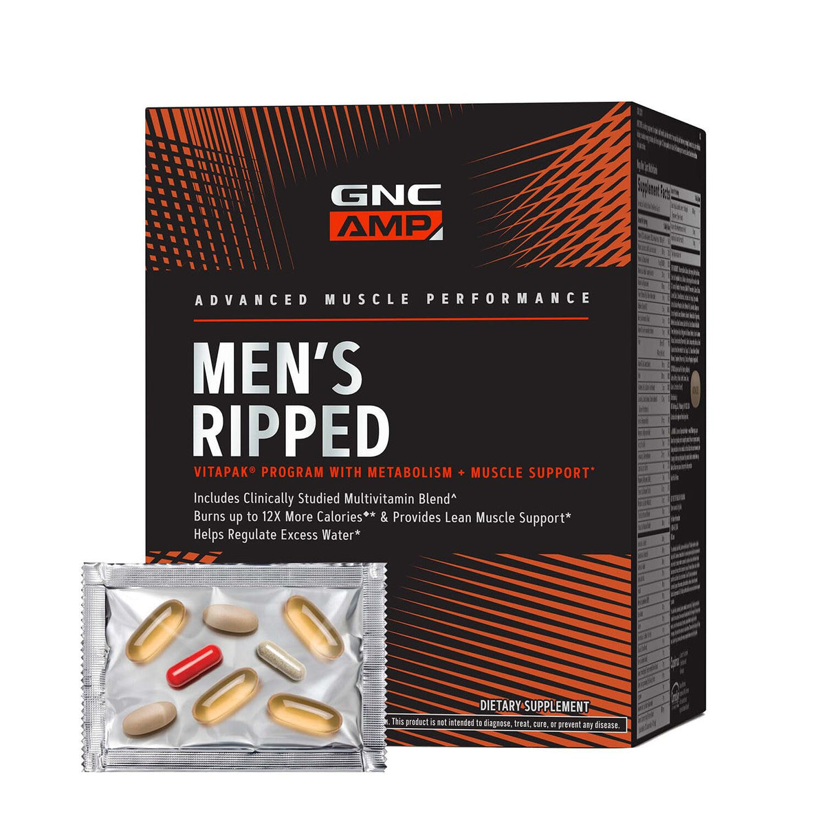 GNC AMP Hombres Ripped Vitapak, bote de suplementos, soporte de energía para entrenamientos intensos.