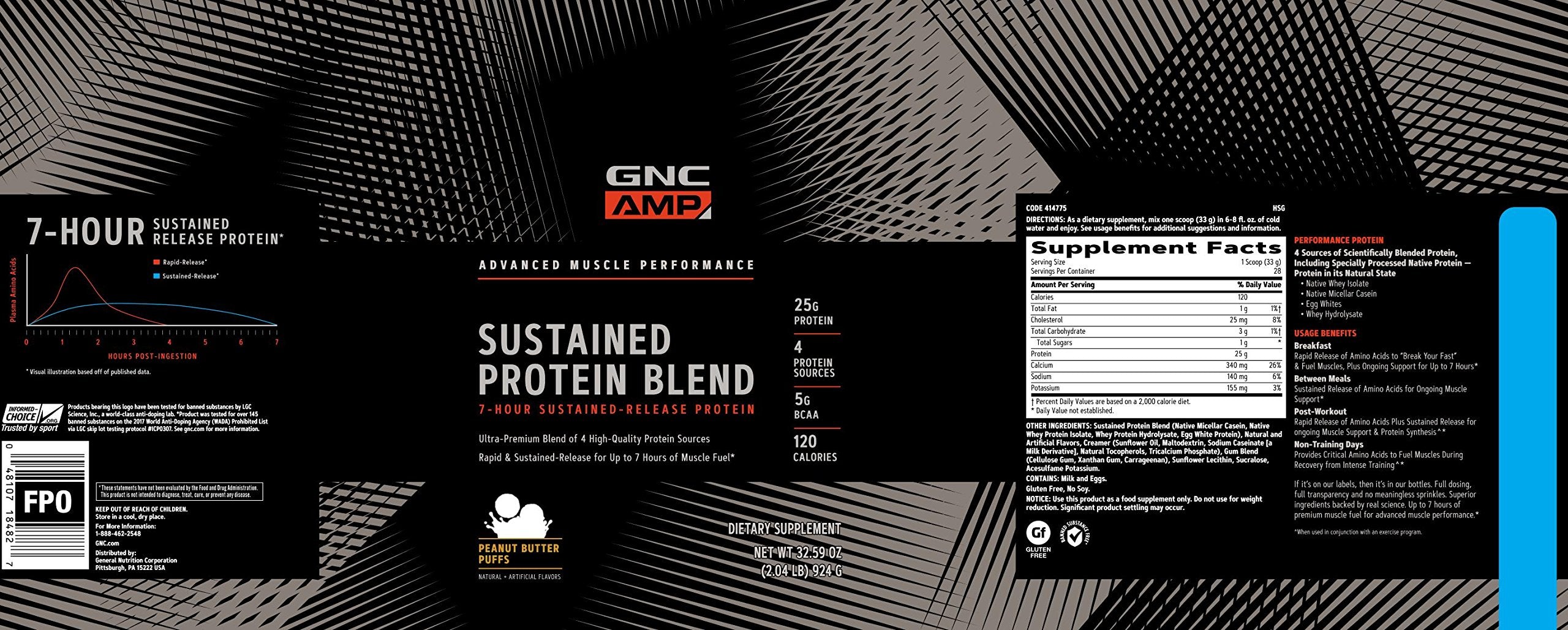 GNC AMP Canela Tostada, etiqueta de sabor que resalta aporte proteico diario