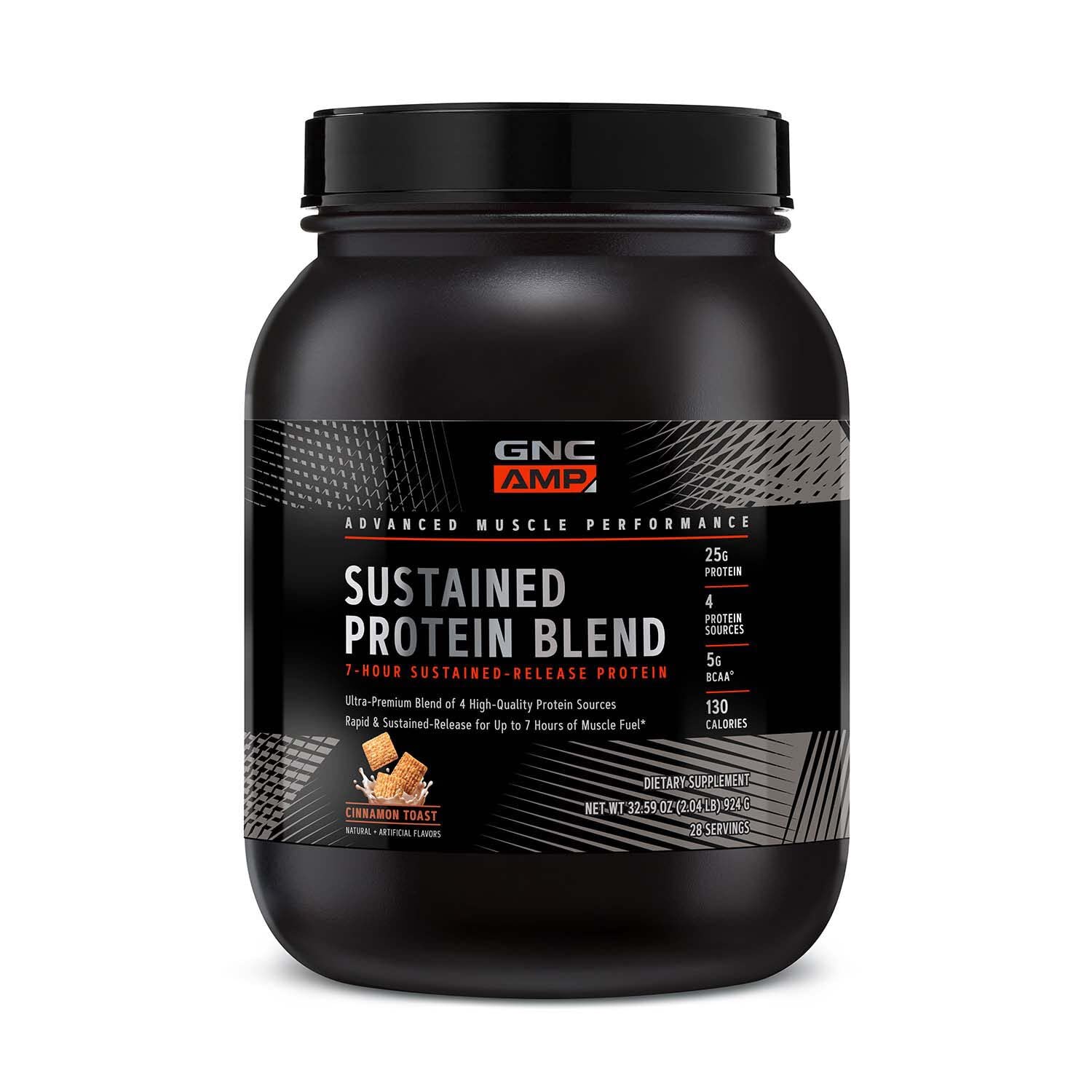 GNC AMP Mezcla de Proteínas Sostenida, lata frontal, proteína para todo el día.