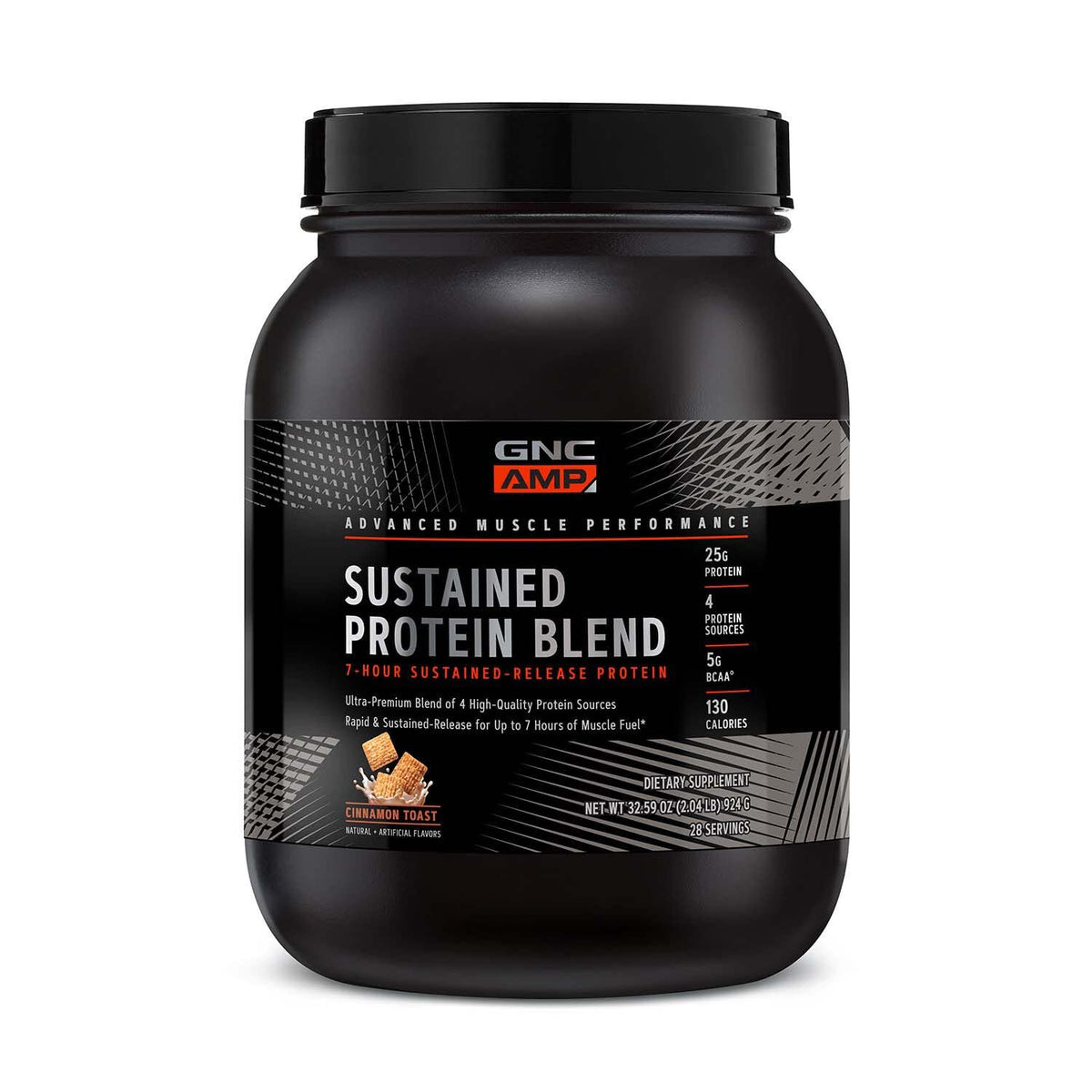GNC AMP Mezcla de Proteínas Sostenida, lata frontal, proteína para todo el día.