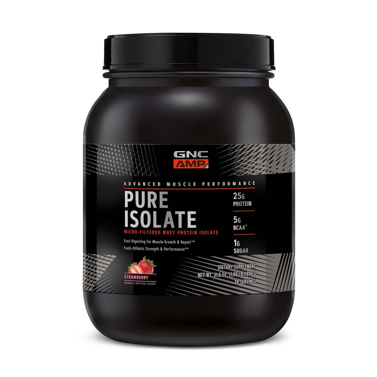 Botella de GNC AMP Pure Isolate sabor fresa para entrenamiento diario y recuperación