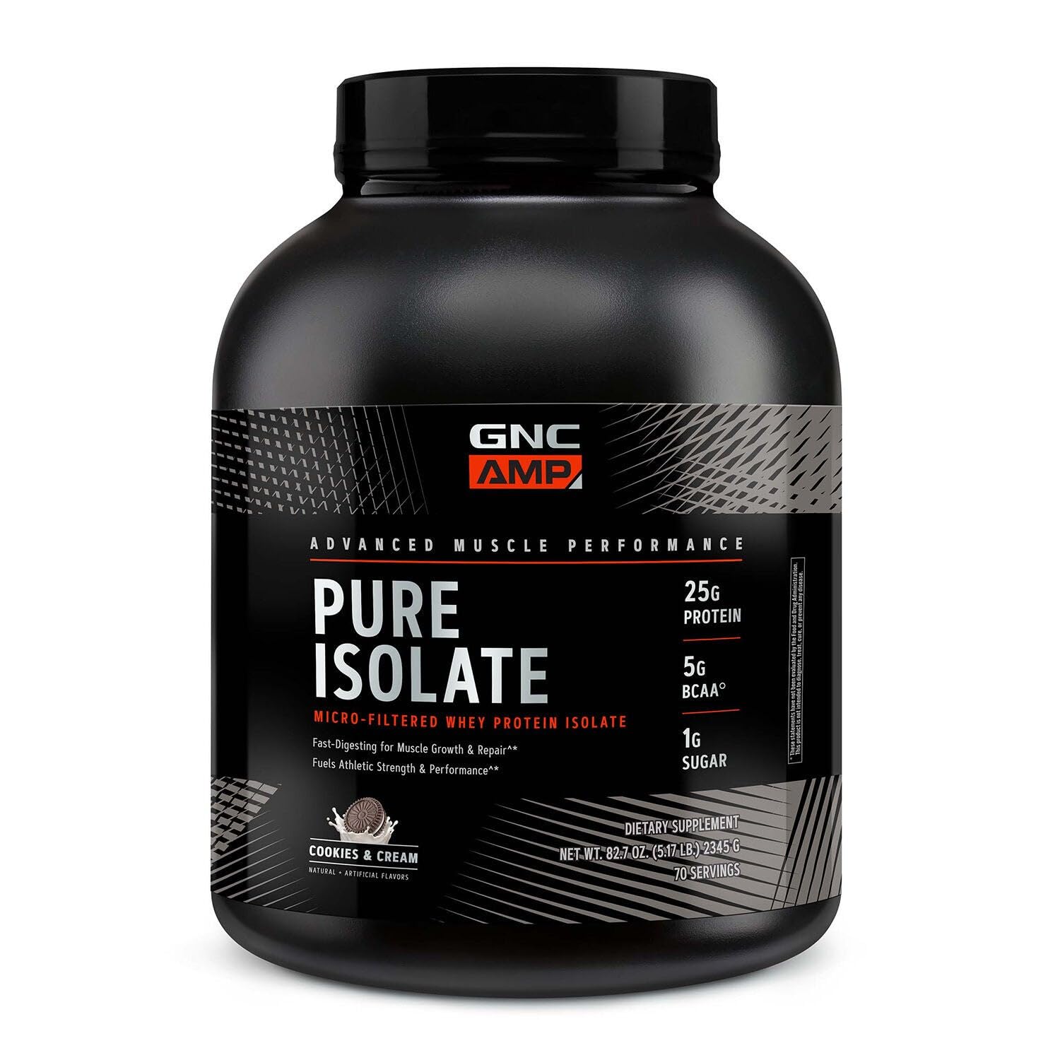 GNC AMP Pure Isolate envase Cookies y Crema, posible apoyo a la recuperación muscular