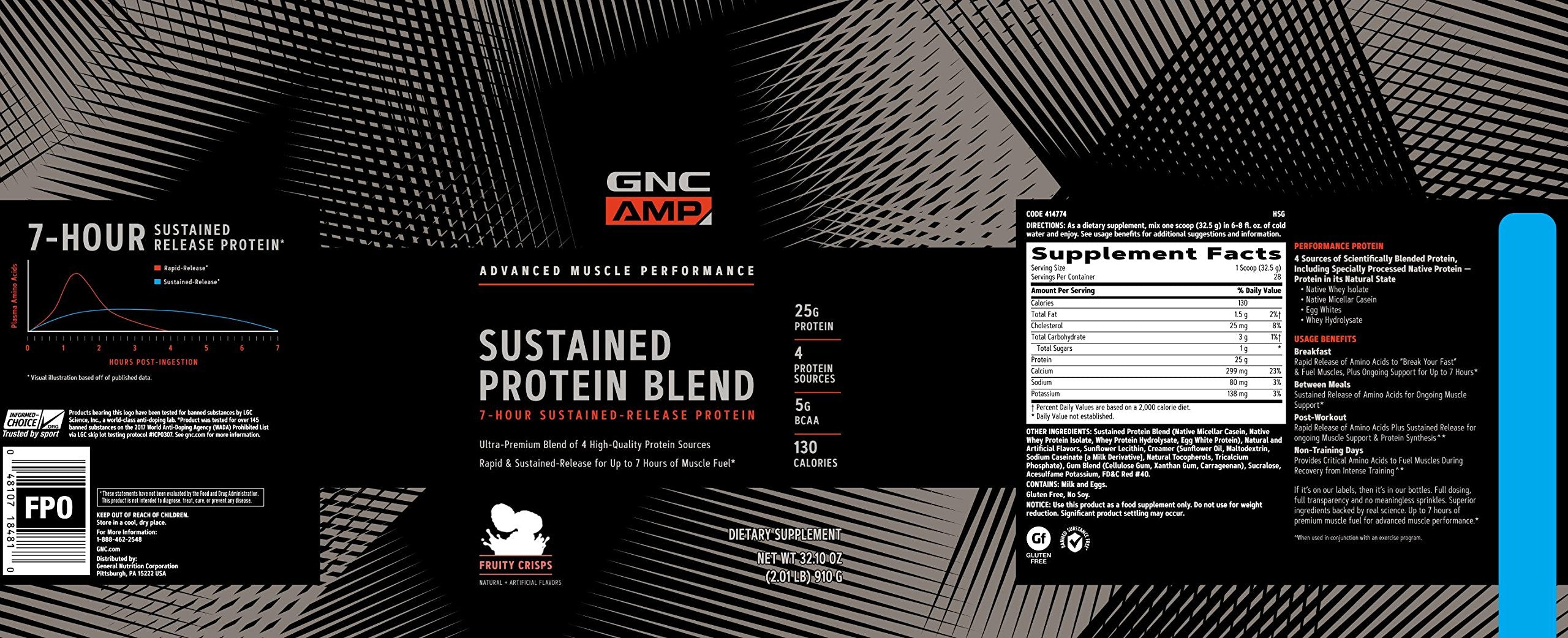GNC AMP Sustained con copa de medición mostrando porciones para batido Cinnamon Toast