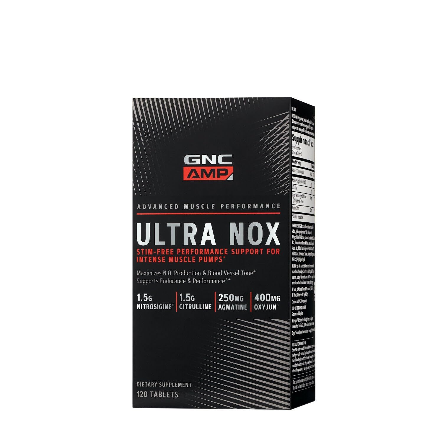 GNC AMP Ultra Nox, botella visible, soporte para resistencia sin estimulantes.