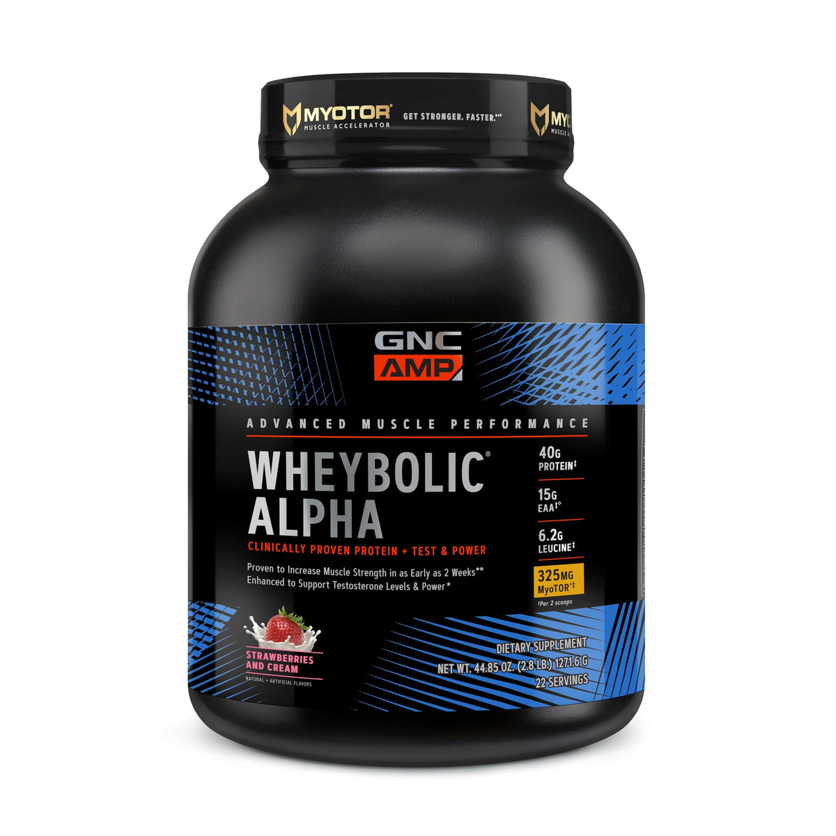 GNC AMP Wheybolic Alpha: tubo de proteína para crecimiento muscular y recuperación.